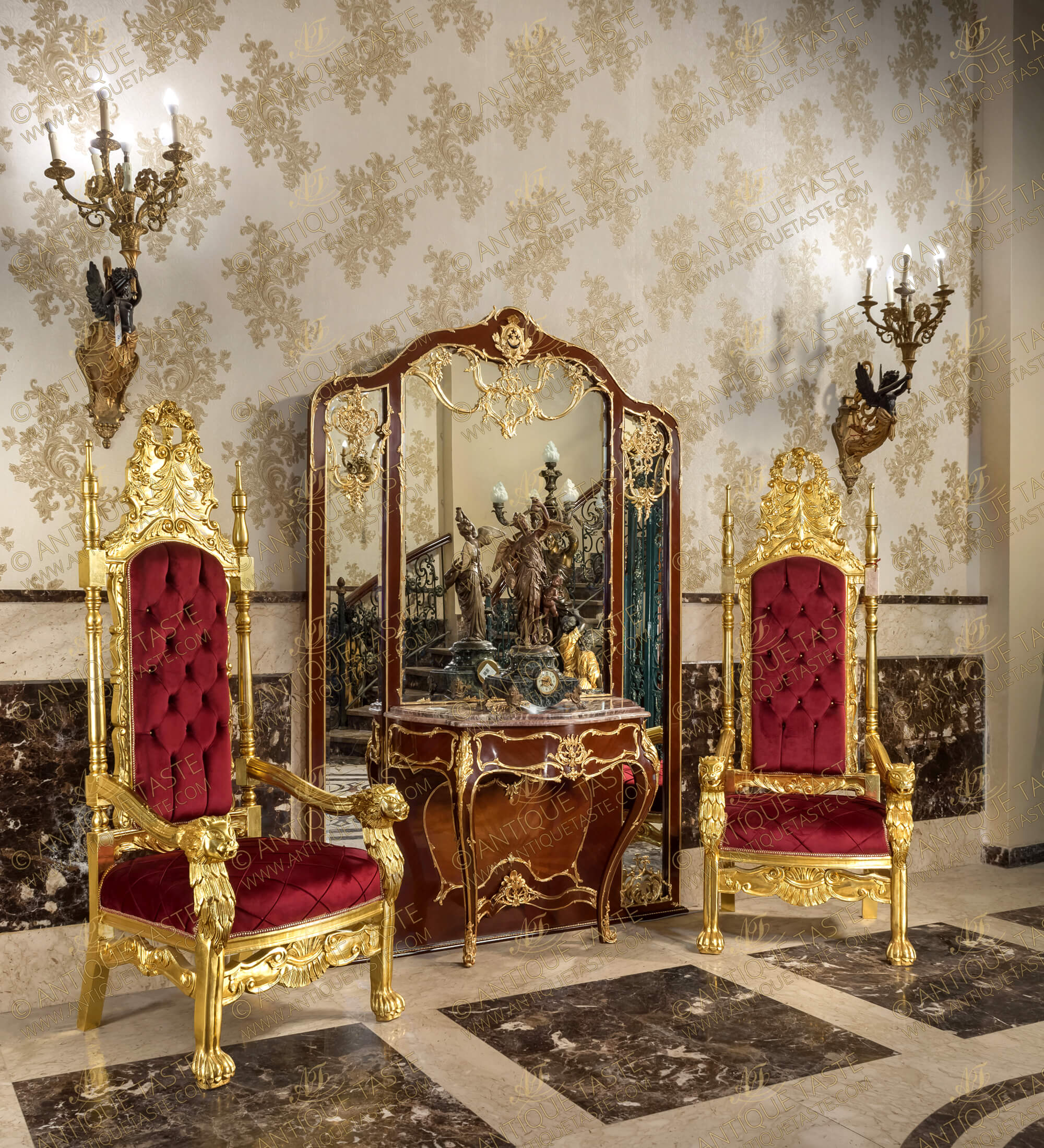 A marvelous Francois Linke Rococo Louis XV style ormolu-mounted Entrance Console Table with a beveled serpentine marble top and grand back wall mirror in three sections, the whole piece is extensively ornamented with foliate ormolu, acanthus leaves and handsome filet; the cabriole legs are connected with elegant S shape stretcher to the wooden back with fine ormolu Rococo motifs